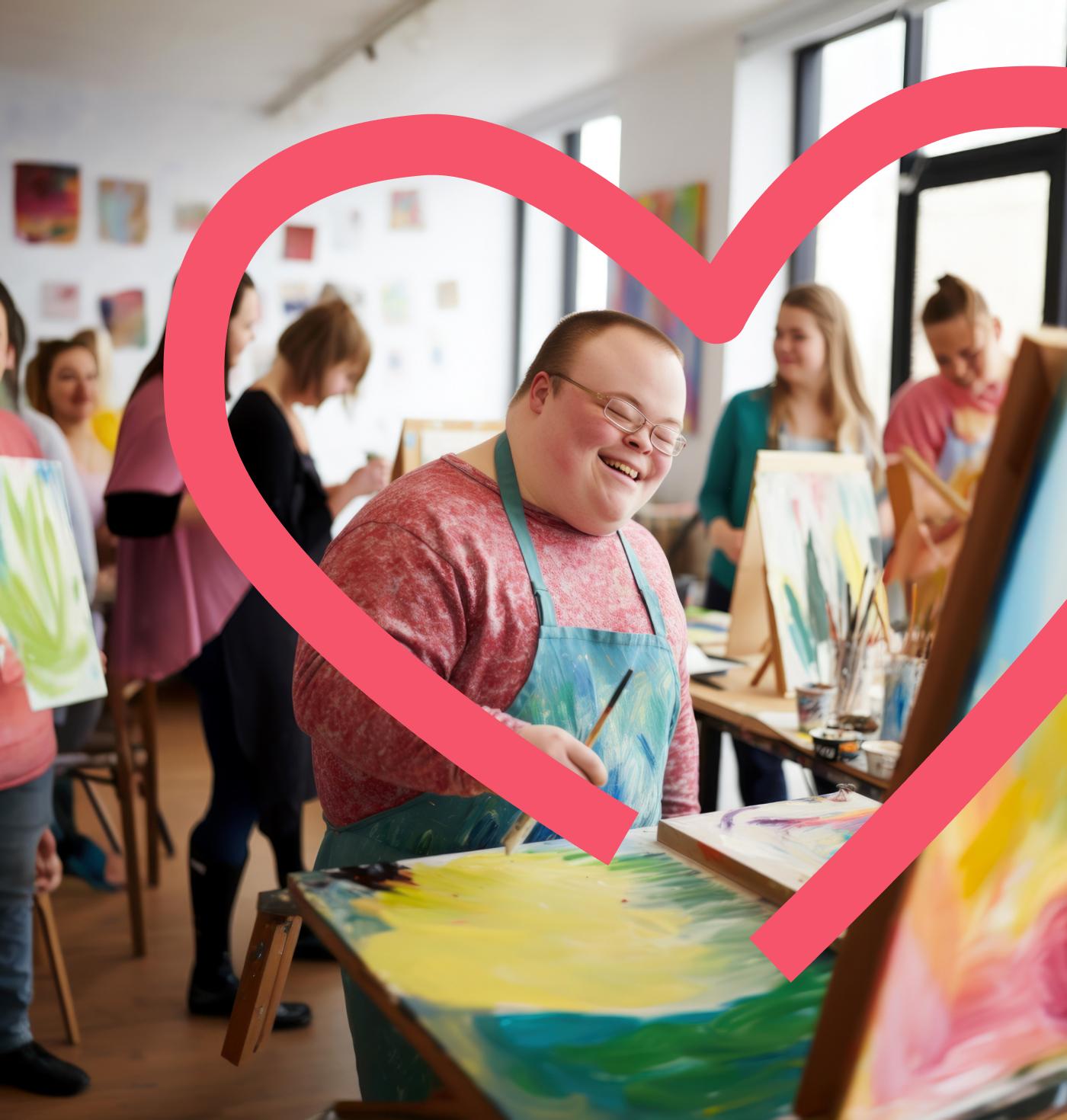 A young smiling man with Down syndrome in an art workshop with a group of students.