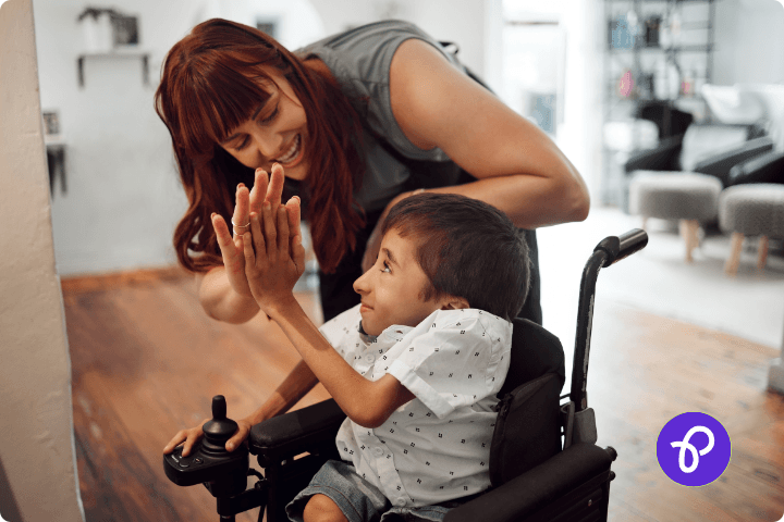 A mum with her disabled child, a young boy who is a wheelchair user for a blog by Emily Perl Kingsley called welcome to holland