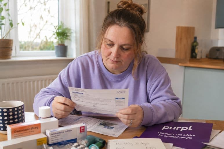 Disabled person reviewing prescription medication and NHS paperwork at home, representing free prescriptions, medical exemption certificates and disability medication costs.