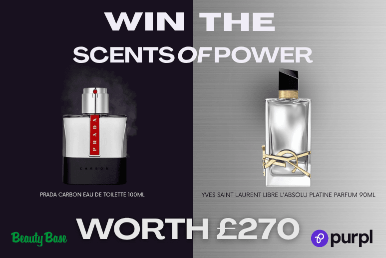 Image showing Prada Carbon Eau De Toilette 100ml and Yves Saint Laurent Libre L'Absolu Platine Parfum 90ml. Text reads WIN THE SCENTS OF POWER WORTH £270 WITH BEAUTY BASE AND PURPL