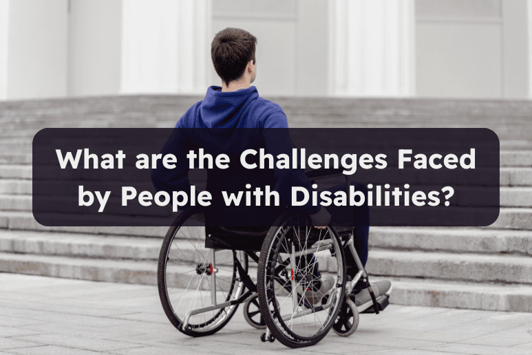 Man in wheelchair facing flight of stairs with text about challenges faced by people with disabilities, Accessibility Discounts UK and Mobility Support Offers.