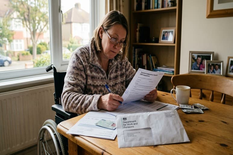 Disabled person reviewing PIP paperwork at home reflecting changes to disability benefits reassessments and support in the UK.