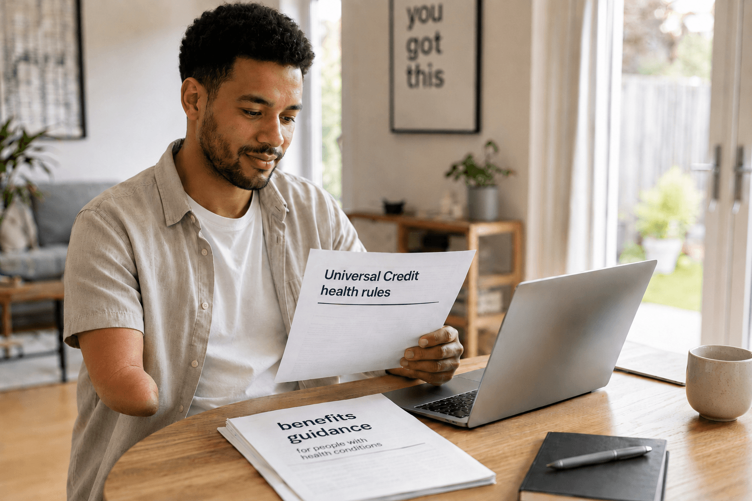A disabled person reviewing Universal Credit health rules with disability benefits guidance and Purpl discounts for people with long-term health conditions.