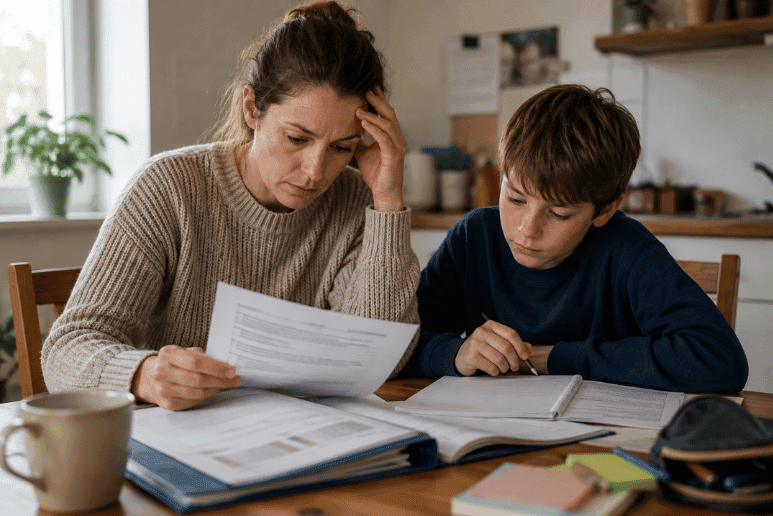 Parent reviewing school support paperwork with a child at home, representing SEND reforms, EHCP access, autism, ADHD and Purpl discounts for families living with disabilities and long-term health conditions.
