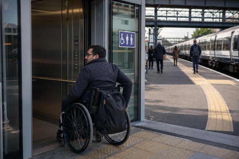 Disabled traveller using an accessible train station, showing why accessible transport matters for the UK economy.