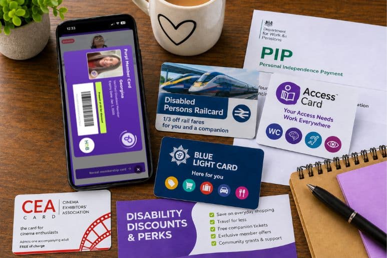 Smartphone showing a Purpl digital membership card beside UK disability discount cards, including Disabled Persons Railcard, Access Card, CEA Card and Disabled Bus Pass.