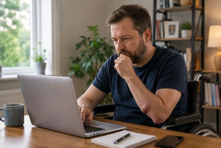 Disabled man using a wheelchair checking disability benefits on a laptop at home, representing people with disabilities and long-term health conditions finding financial support through Purpl.