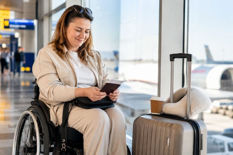 Disabled traveller preparing for a holiday with travel documents, medication and luggage, representing specialist travel insurance for people with disabilities and long-term health conditions.