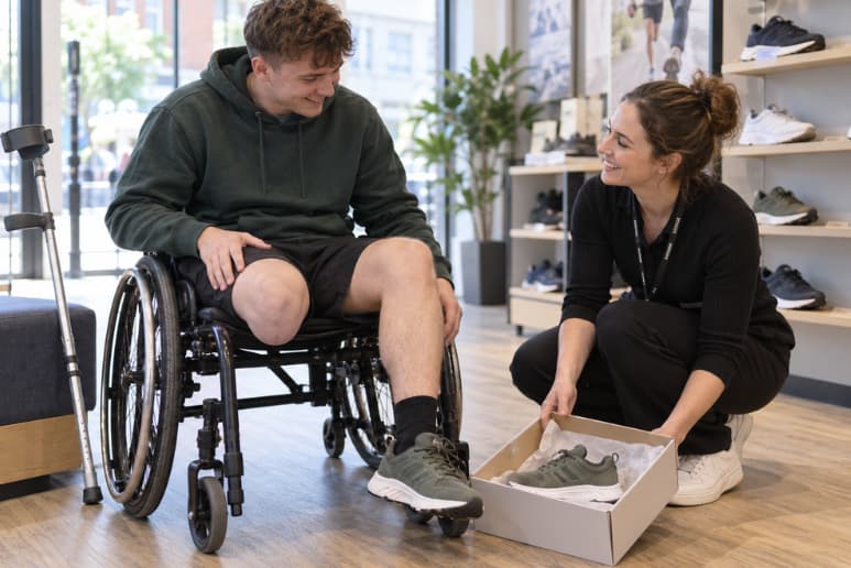 Amputee shopping for a single shoe in a UK footwear store.