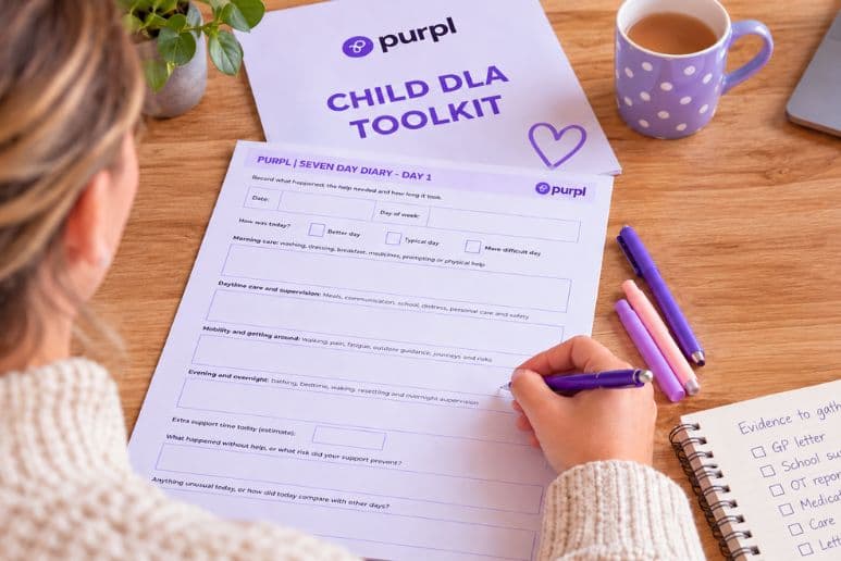 Parent completing a Child DLA seven-day care diary at home using Purpl's free toolkit