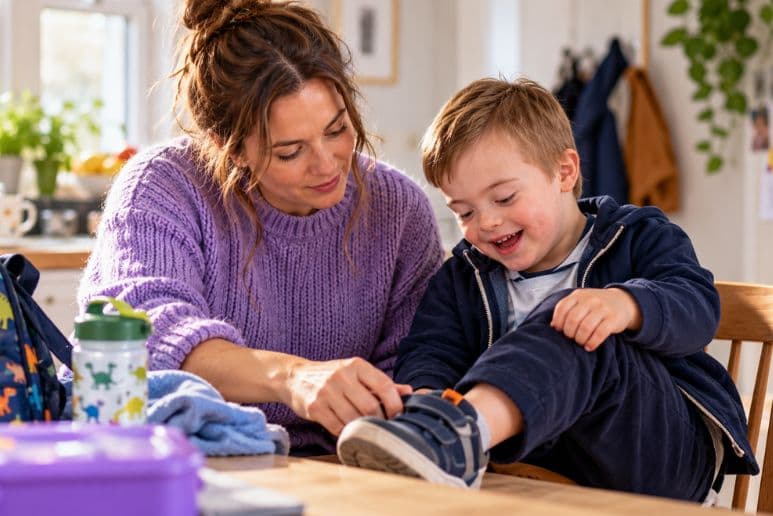 Mother helping her young son put on his shoes at home before school