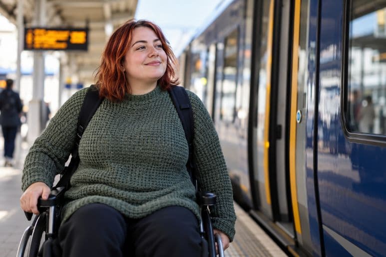 Disabled wheelchair user waiting beside a train following the expansion of Disabled Persons Railcard eligibility in 2026.