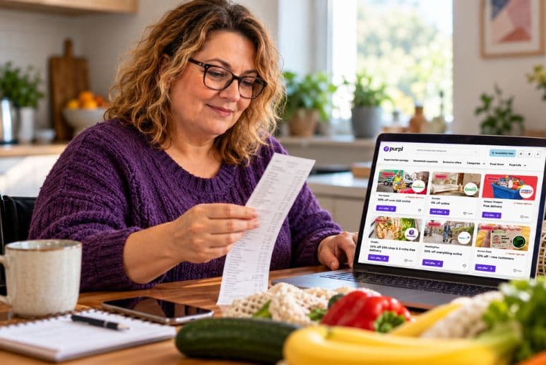 Disabled woman checking a shopping receipt to see how much she saved on groceries with Purpl discounts website.